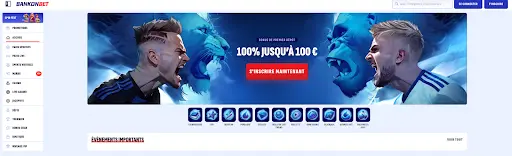 Bannière Bankonbet avec deux joueurs face à face et lions bleus, bonus de bienvenue 100% jusqu’à 100 €