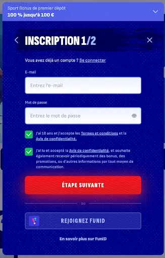 Inscription Bankonbet – création de compte étape 1/2 Formulaire d’inscription Bankonbet – étape 1 : saisie de l’e-mail et du mot de passe, avec cases à cocher pour accepter les conditions générales et la politique de confidentialité.
