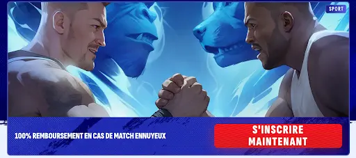 Bonus sport – remboursement total si le match est jugé ennuyeux Deux sportifs s’affrontant au bras de fer avec offre de remboursement 100 % en cas de match ennuyeux