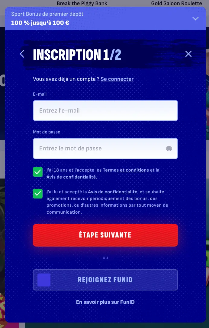 Formulaire d’inscription au casino – bonus de premier dépôt 100 % jusqu’à 100 €