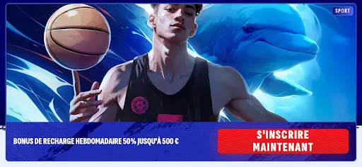 Bonus sport hebdomadaire – recharge 50 % jusqu’à 500 € Joueur de basketball avec bonus de recharge hebdomadaire 50 % jusqu’à 500 €