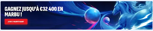Promotion Marbu – gagnez jusqu’à 32 400 € dès maintenant Bannière promotionnelle avec cheval bleu et sphères lumineuses – gagnez jusqu’à 32 400 € en Marbu.
