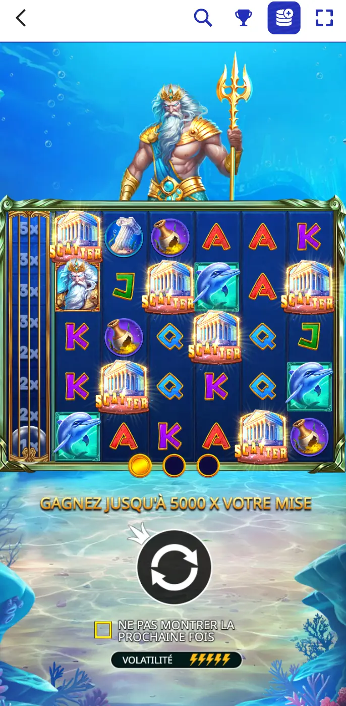 Machine à sous thématique Poséidon avec multiplicateurs et symbole Scatter